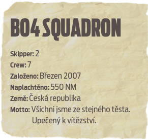 BO4 squadron
Skipper: 2 Crew: 7Založeno: Březen 2007
Naplachtěno: 550 NM
Země: Česká republikaMotto: Všichni jsme ze stejného těsta.  
               Upečený k vítězství.